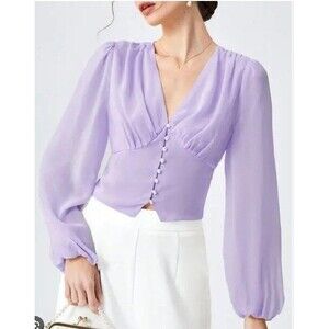 Adriana Iglesias 100% Silk Blouse Lilac V Neck Button Front Womens Size 42 US L